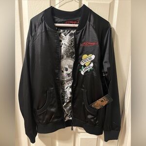 Vintage Ed Hardy Satin Embroidered Bomber True Love Rhinestone Jacket